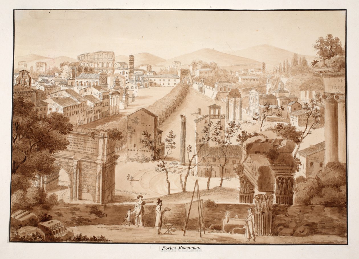 Forum Romanum, 1833 (etsaus ruskealla pesulla) tekijältä Agostino Tofanelli