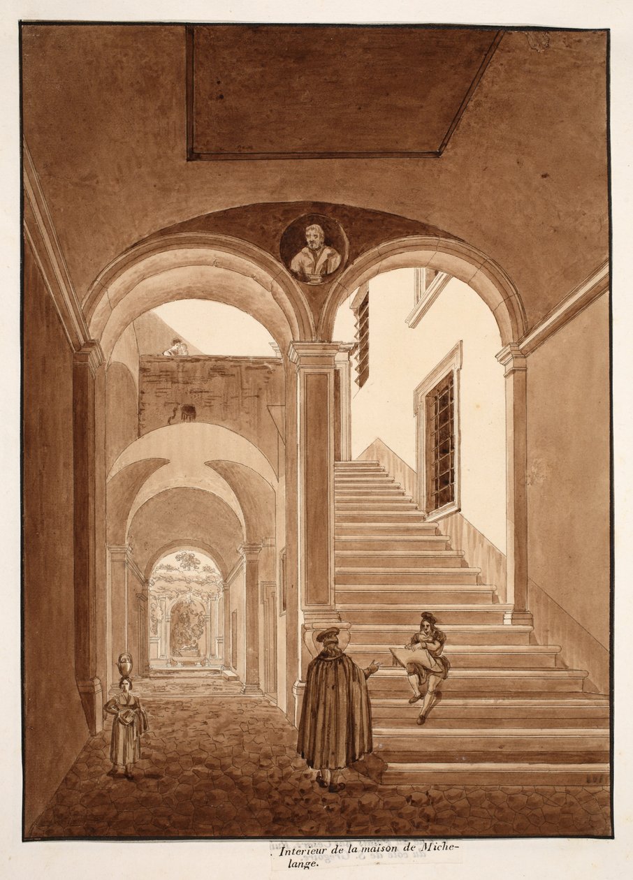 Michelangelon talon sisustus, 1833 (etsaus ruskealla pesulla) tekijältä Agostino Tofanelli