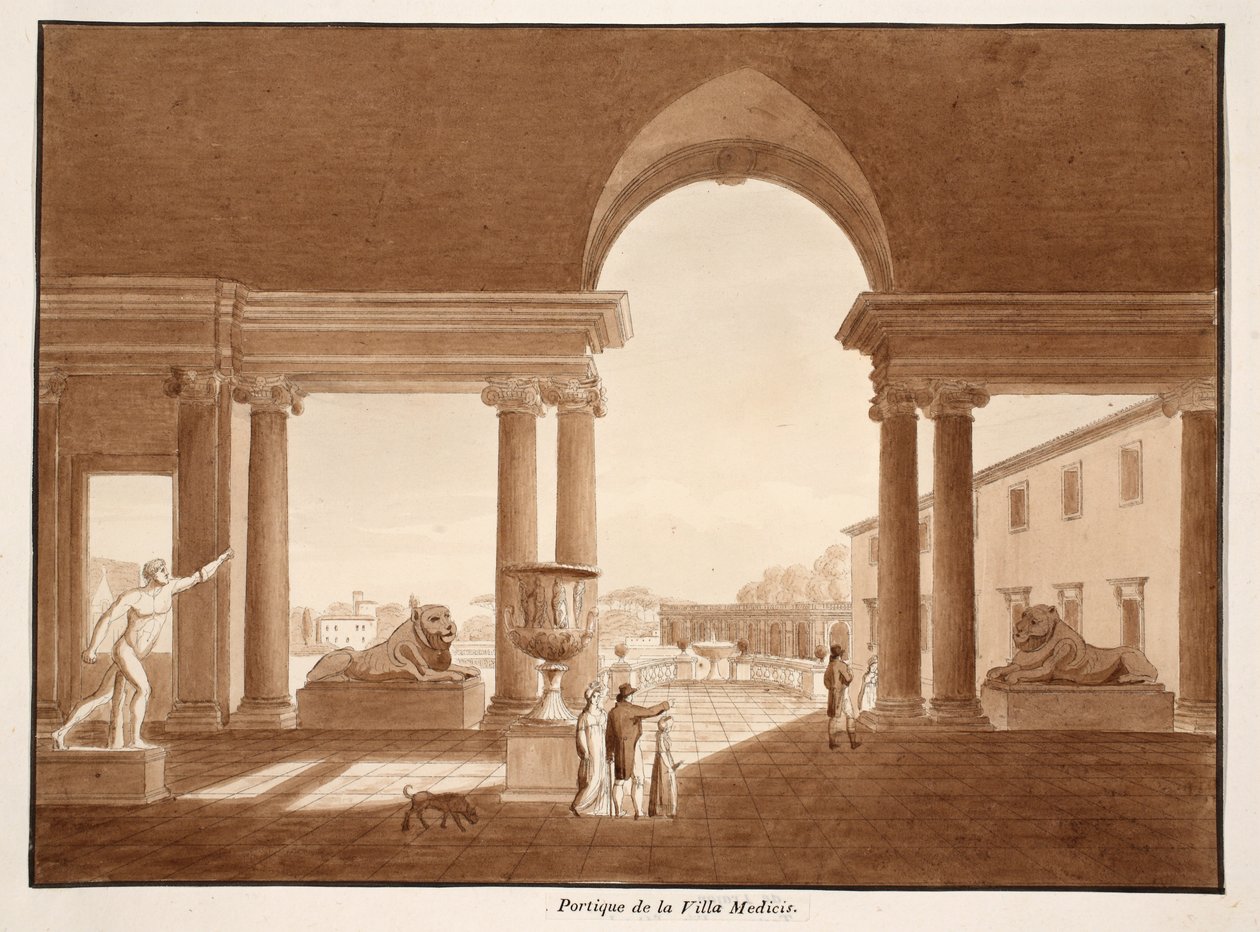Villa Medicin portico, 1833 (etsaus ruskealla pesulla) tekijältä Agostino Tofanelli