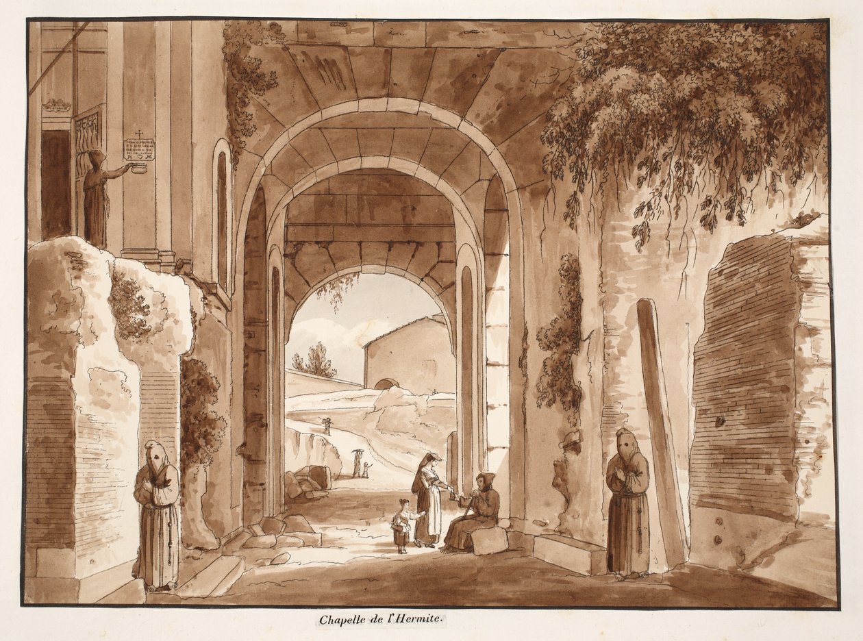 Erakon kappeli Colosseumissa, 1833 (etsaus ruskealla pesulla) tekijältä Agostino Tofanelli