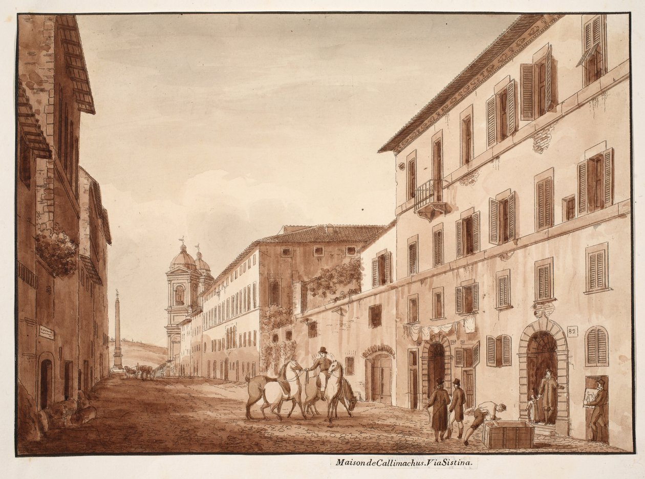 Callimachuksen talo, Via Sistina, 1833 (etsaus ruskealla pesulla) tekijältä Agostino Tofanelli