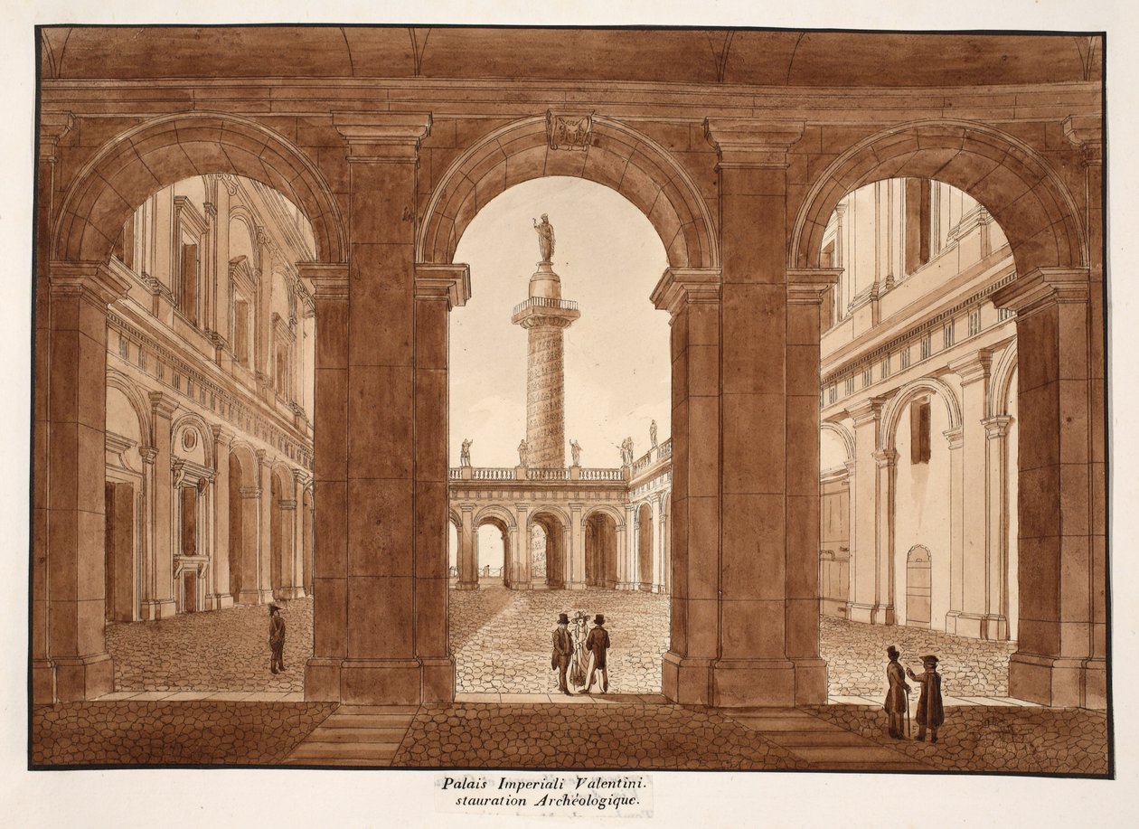 Palazzo Imperiali Valentini. Arkeologinen restaurointi., 1833 (etsaus ruskealla pesulla) tekijältä Agostino Tofanelli
