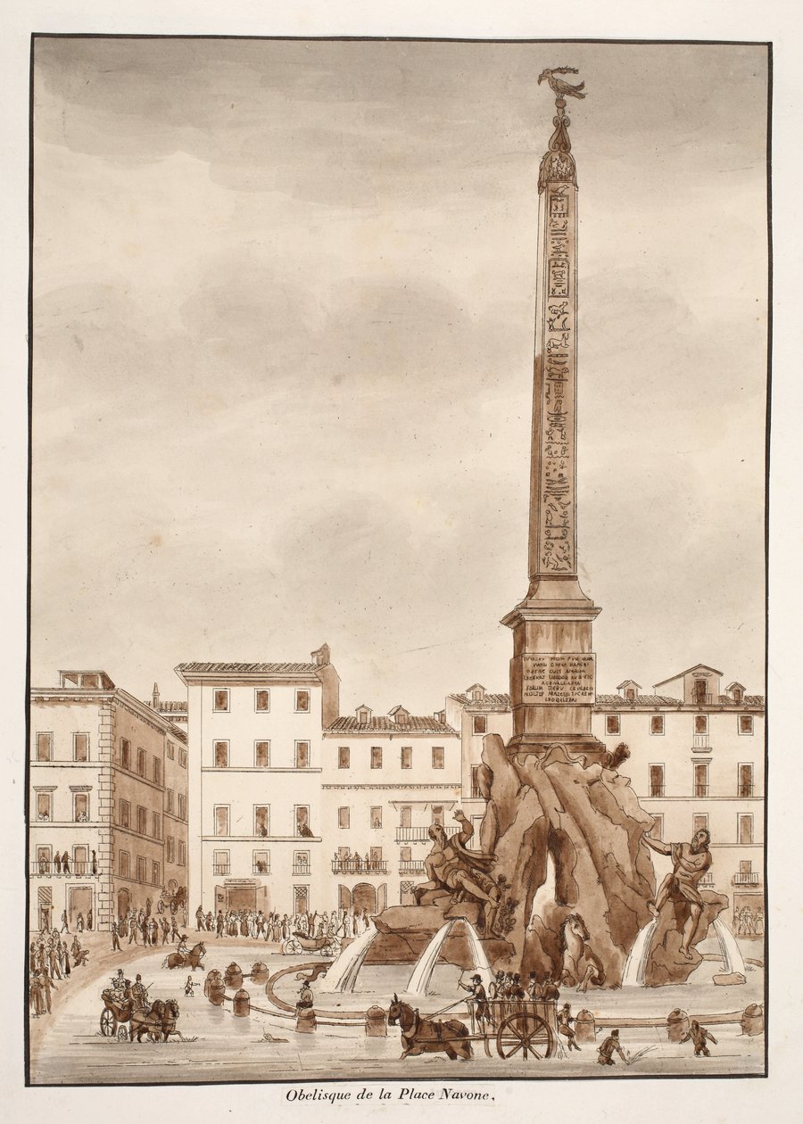 Piazza Navona -obeliski, 1833 (etsaus ruskealla pesulla) tekijältä Agostino Tofanelli