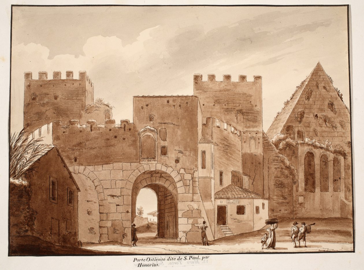Porta Ostiensis tai San Paolo, Honoriusin rakentama 1833 (etsaus ruskealla pesulla) tekijältä Agostino Tofanelli