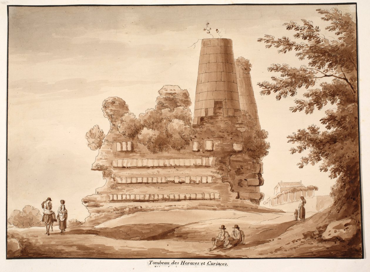Horatii- ja Curiatii-hauta, 1833 (etsaus ruskealla pesulla) tekijältä Agostino Tofanelli