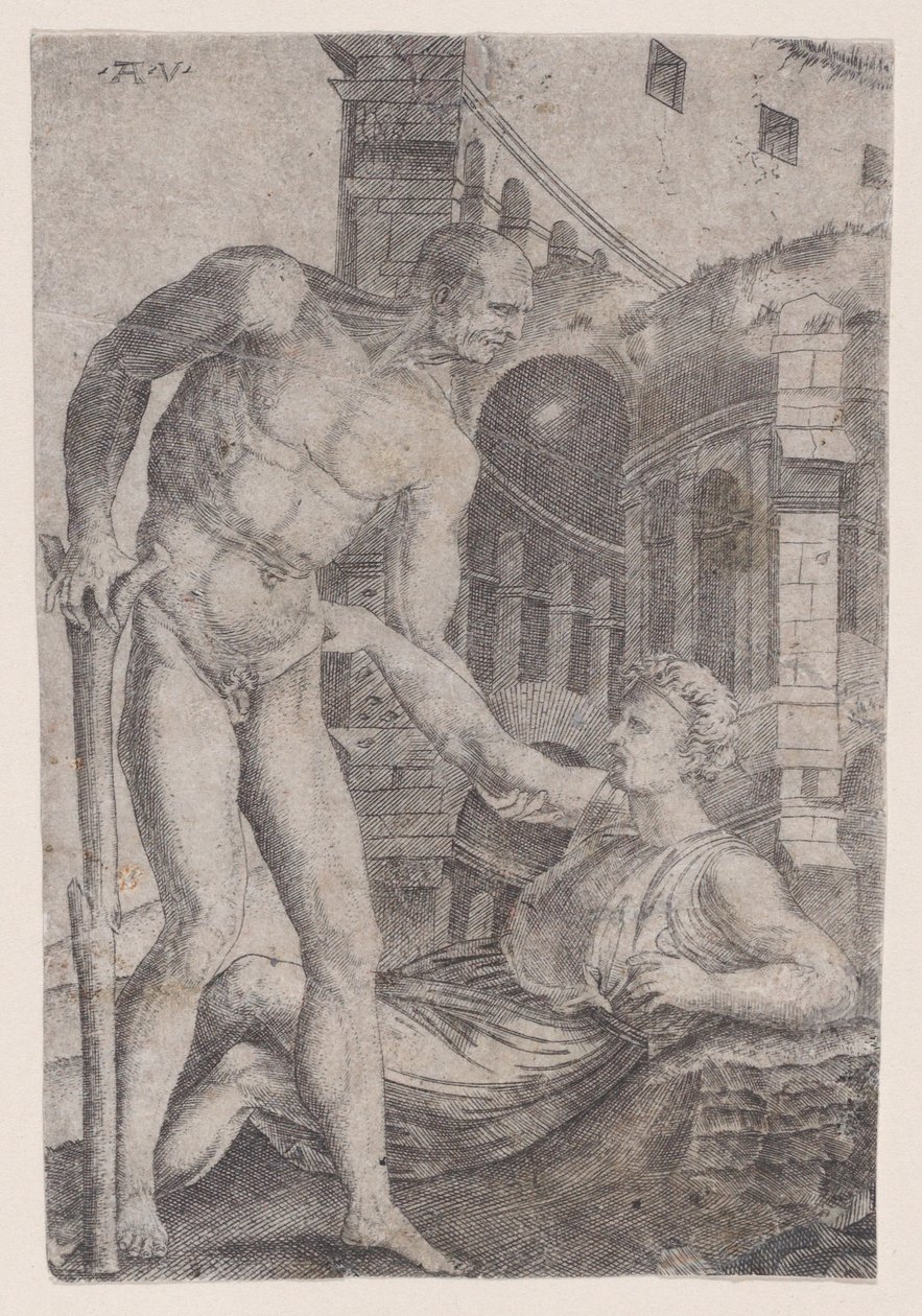 Mies, joka auttaa toista jaloilleen, n. 1514-36. tekijältä Agostino Veneziano