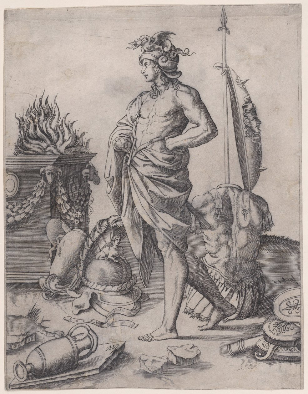 Nuori sankari lähellä alttaria, n. 1514-36. tekijältä Agostino Veneziano