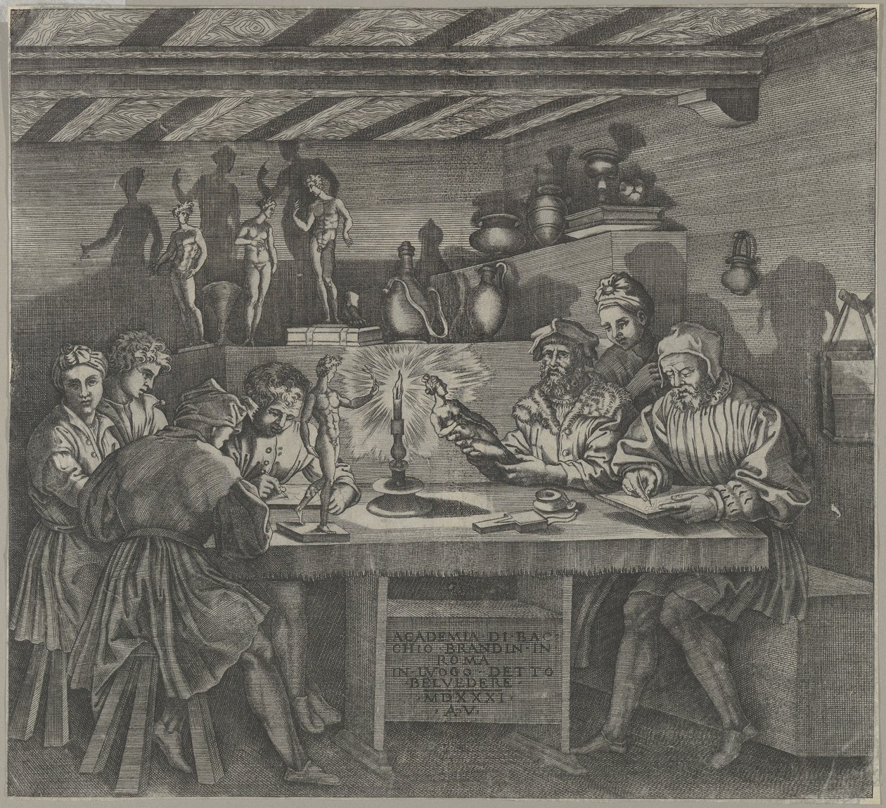 Baccio Bandinelli ateljessaan pitelee Venuksen patsasta, opiskelijat luonnostelevat vuodelta 1531. tekijältä Agostino Veneziano