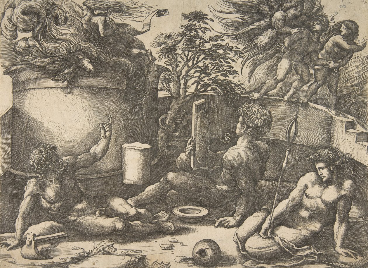 Caín sostenint un mirall mirant el seu sacrifici envoltat de flames, Adam i Eva asseguts..., ca. 1530-50. finlandès tekijältä Agostino Veneziano