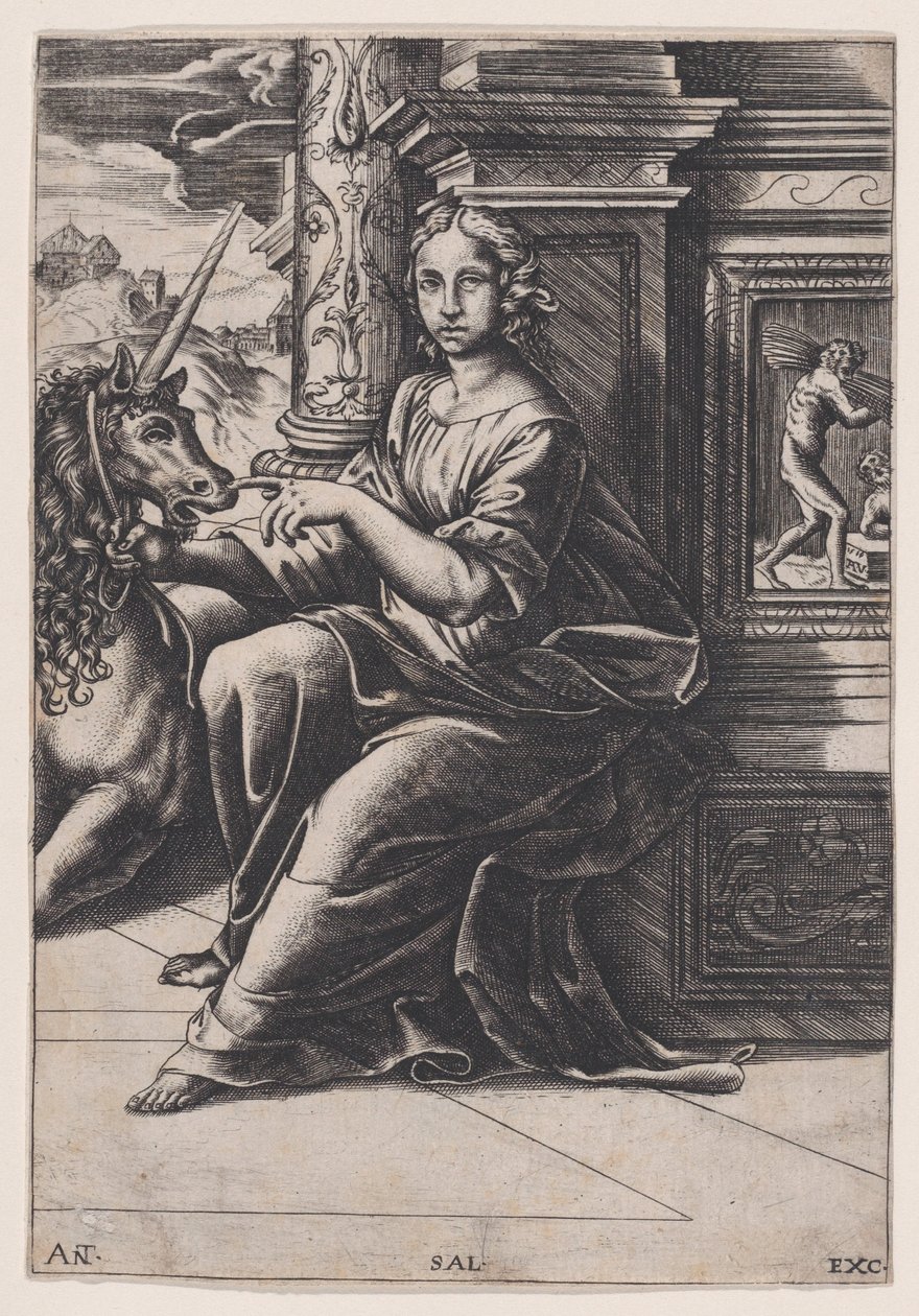 Siveys, nainen istuu, yksisarvinen hänen oikealla puolellaan, c. 1515-30. tekijältä Agostino Veneziano