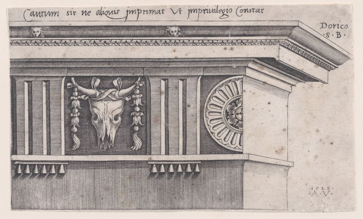 Doric Entablature, päivätty 1528. tekijältä Agostino Veneziano