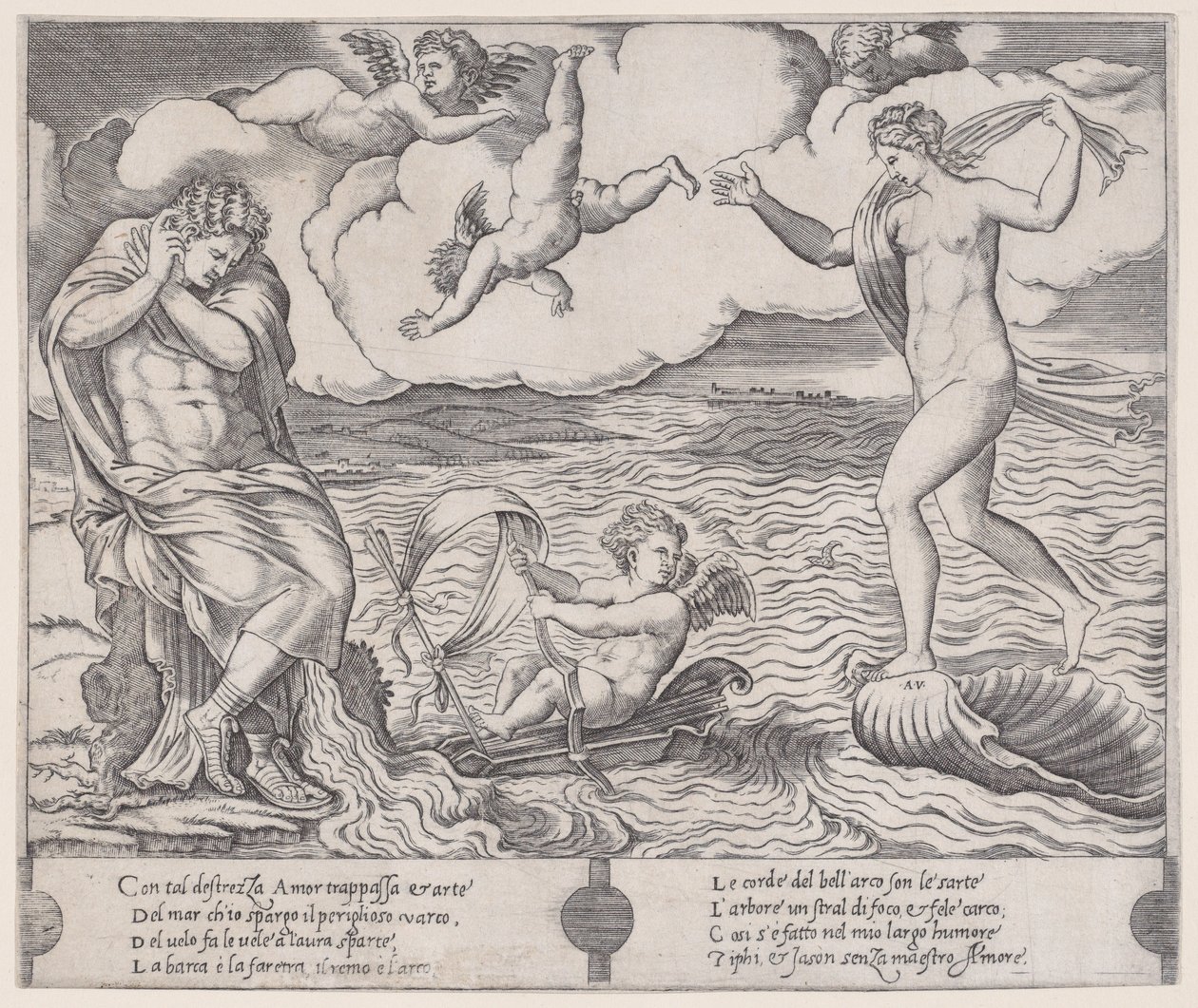 Eros meressä, n. 1514-36. tekijältä Agostino Veneziano