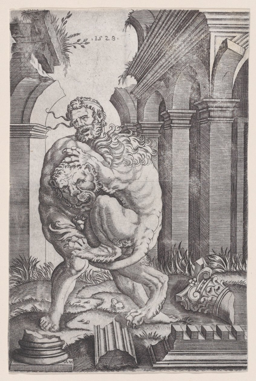 Hercules kuristaa Nemean leijonaa, päivätty 1528. tekijältä Agostino Veneziano