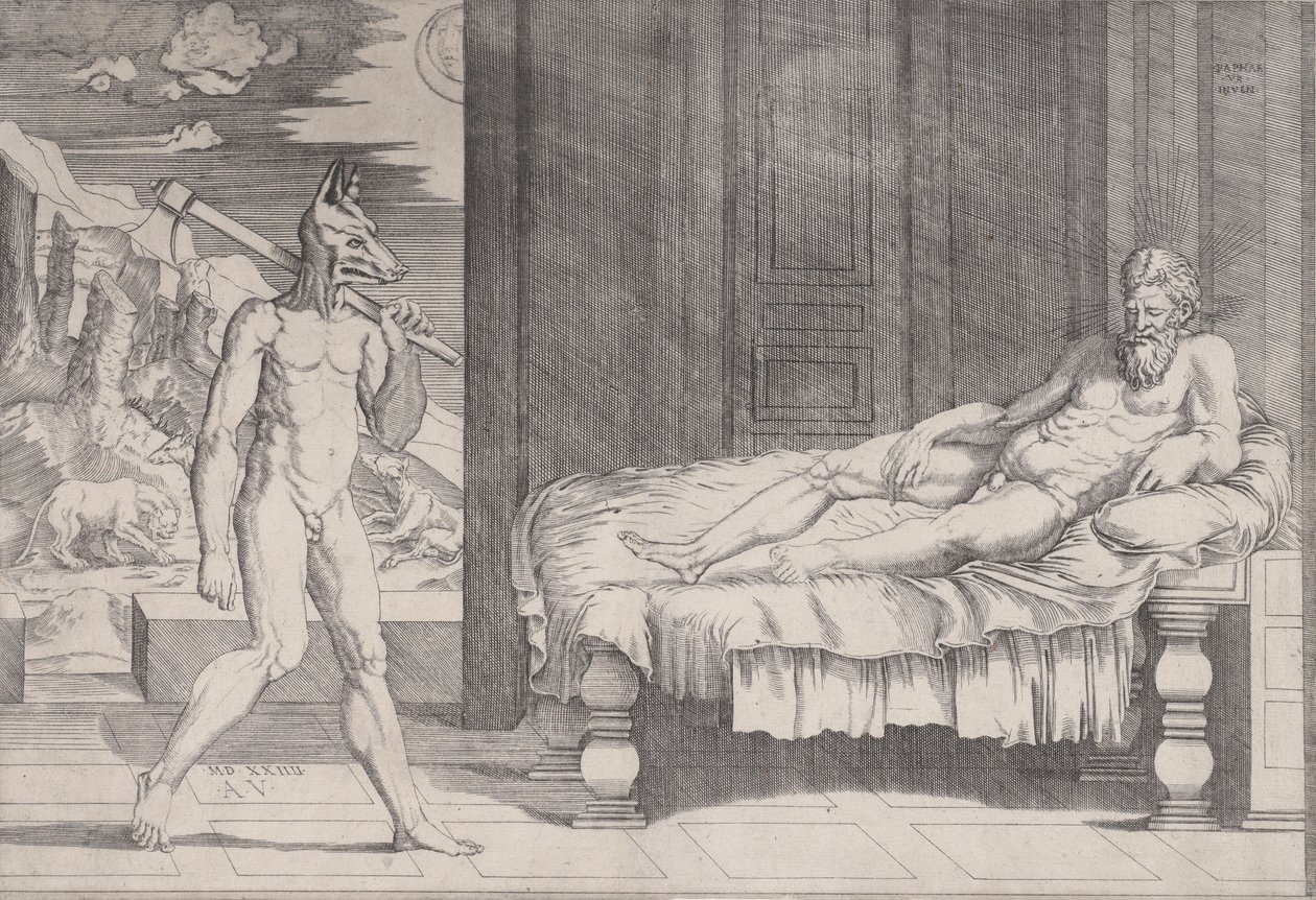 Lycaon muuttui susiksi, päivätty 1524. tekijältä Agostino Veneziano
