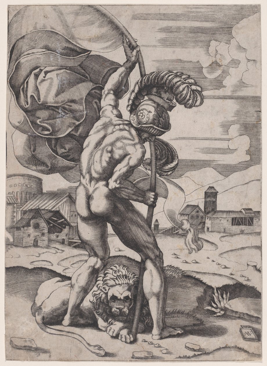 Mies lipun kanssa, n. 1514-36. tekijältä Agostino Veneziano