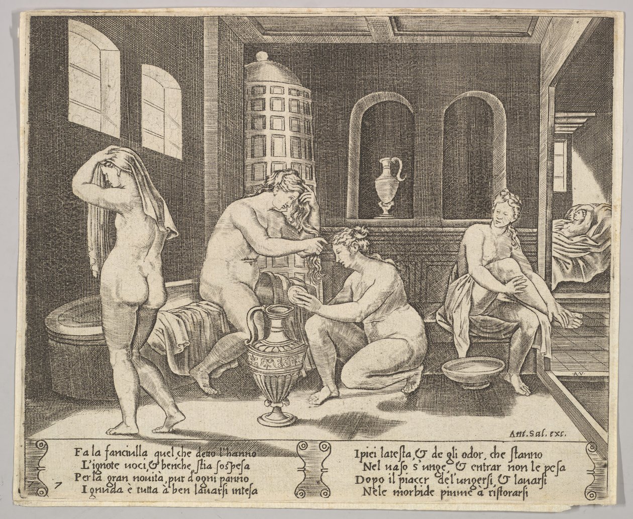 Levy 7: Nymfit osallistuivat psyykeen kylpyltään, taustalla oikealla Psyche repr..., n. 1520-36. tekijältä Agostino Veneziano