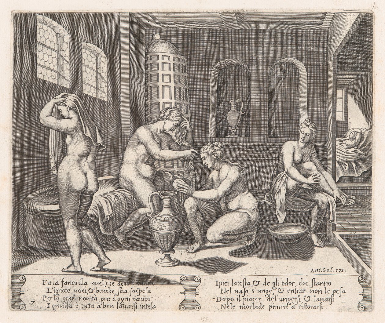 Levy 7: Psyche osallistui kylpyyn, Apu...:n kertomasta tarinasta Cupidosta ja Psychestä, 1530-60. tekijältä Agostino Veneziano