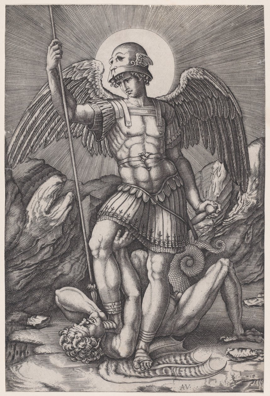 Pyhä Mikael, n. 1514-16. tekijältä Agostino Veneziano