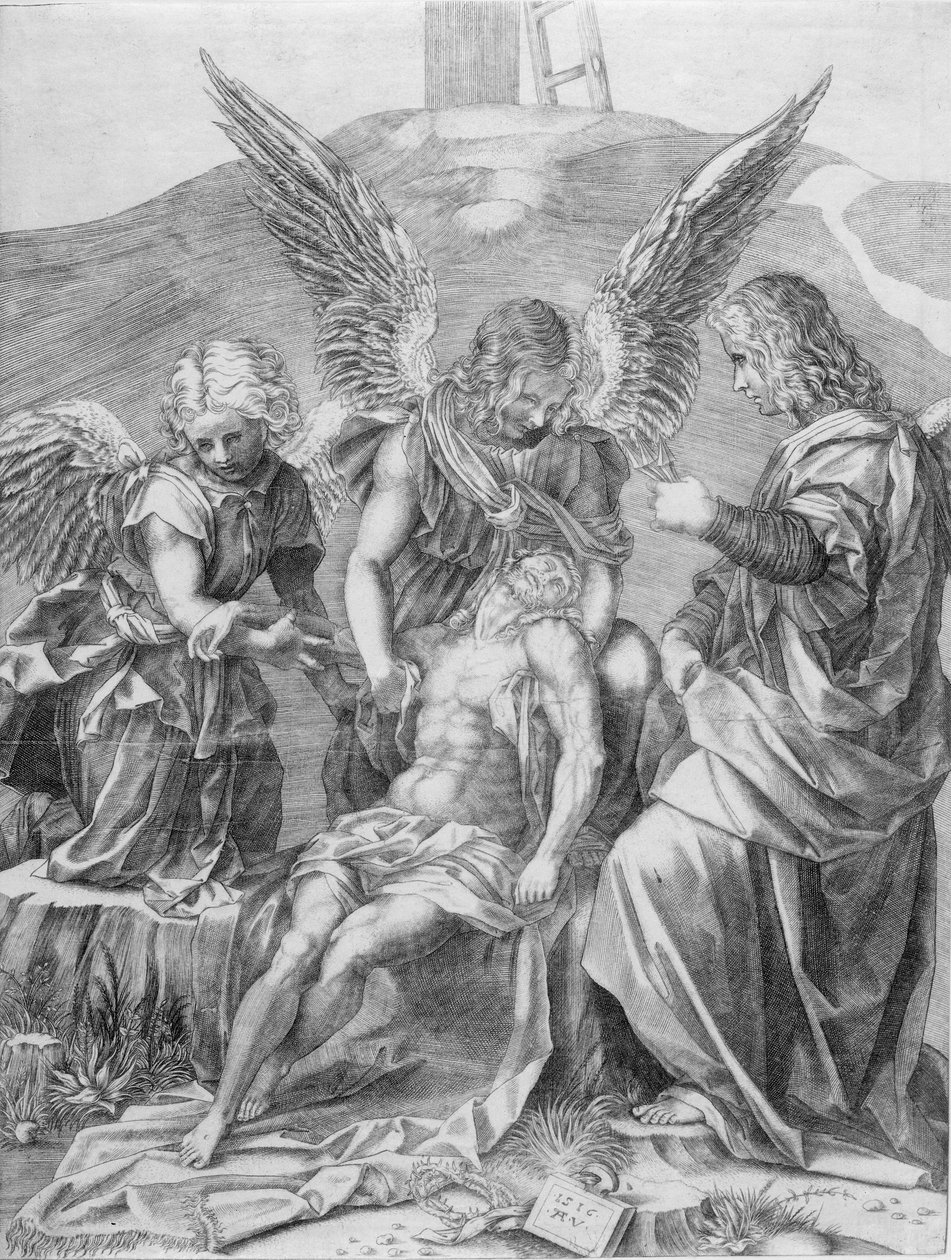 Kolmen enkelin tukema Kristuksen ruumis, 1516. tekijältä Agostino Veneziano