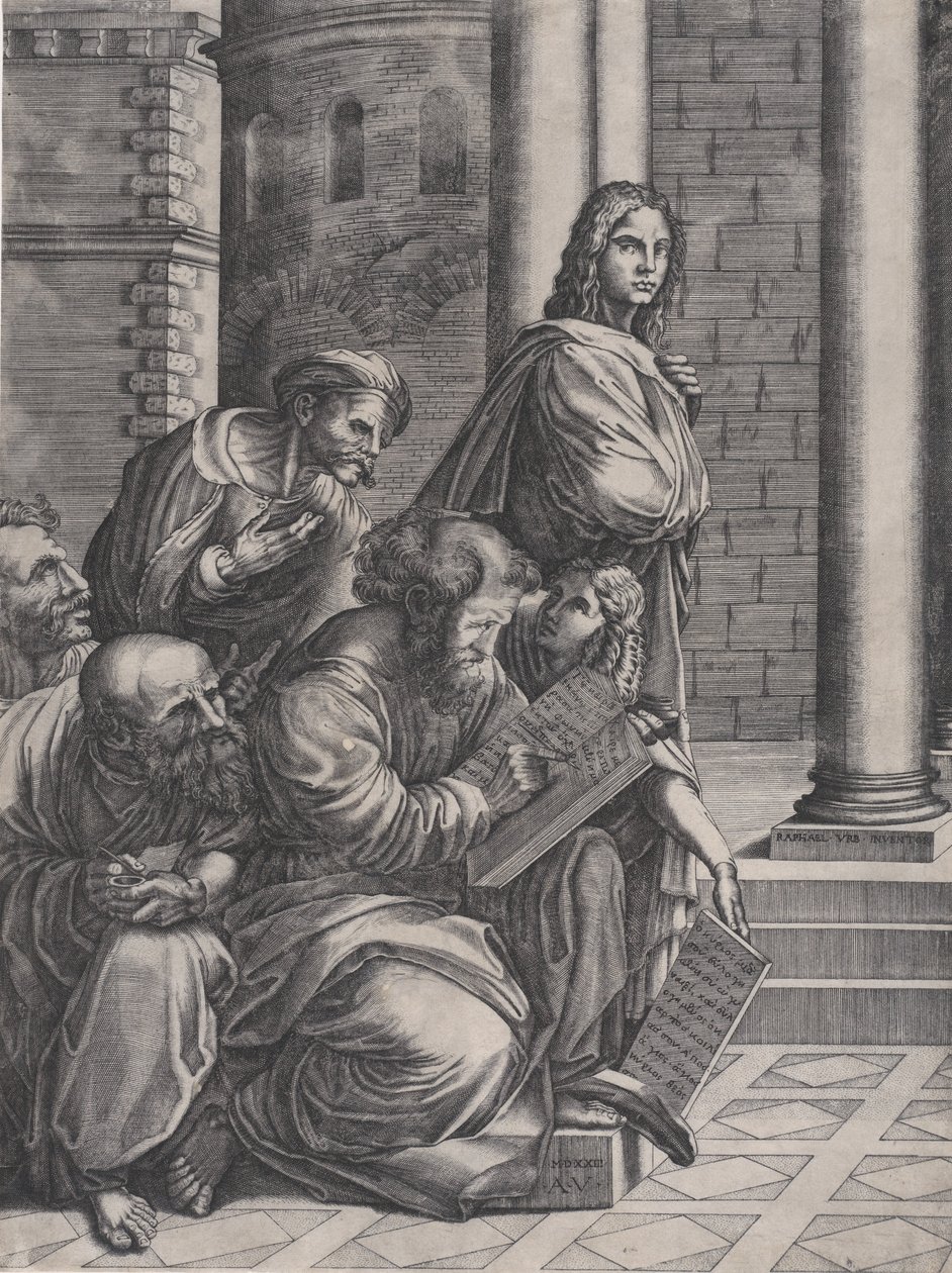 Ryhmä Rafaelin Ateenan koulusta, päivätty 1523. tekijältä Agostino Veneziano