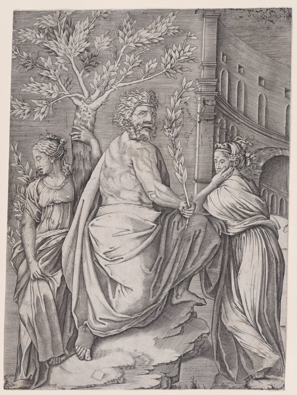 Mies, jolla on laakerinoksa, n. 1514-36. tekijältä Agostino Veneziano