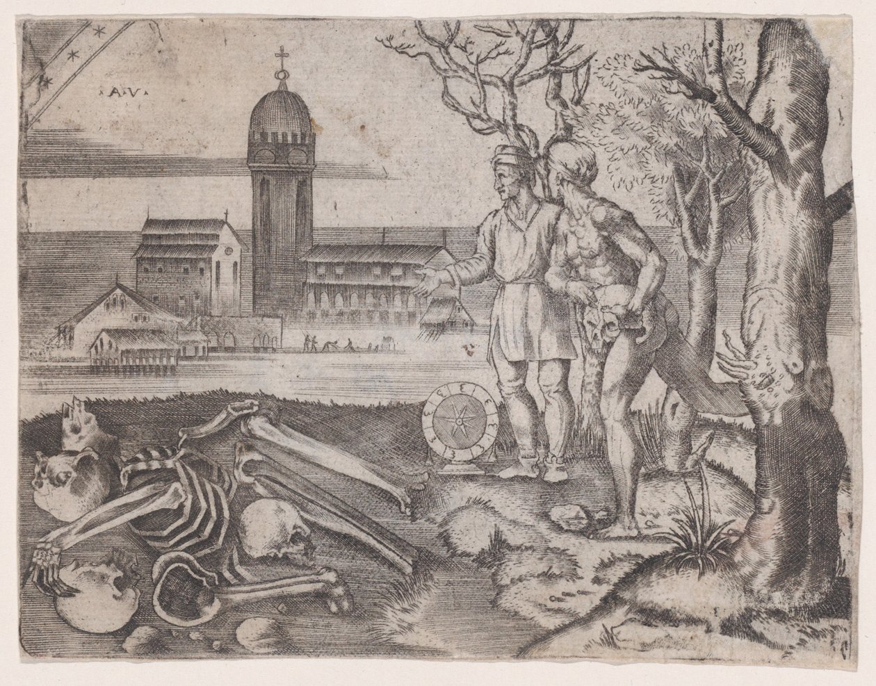 Kaksi miestä hautausmaalla, n. 1514-36. tekijältä Agostino Veneziano