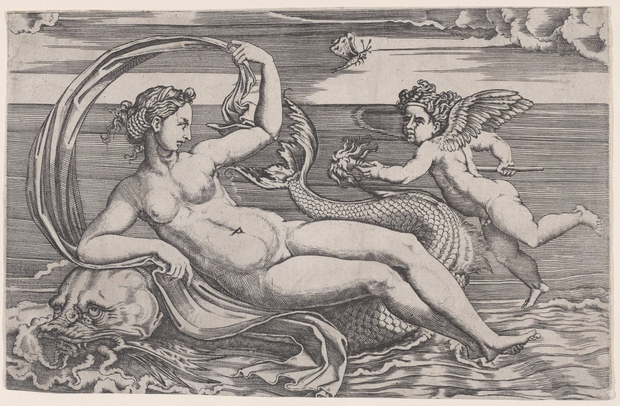 Venus makaamassa delfiinillä, n. 1516. tekijältä Agostino Veneziano