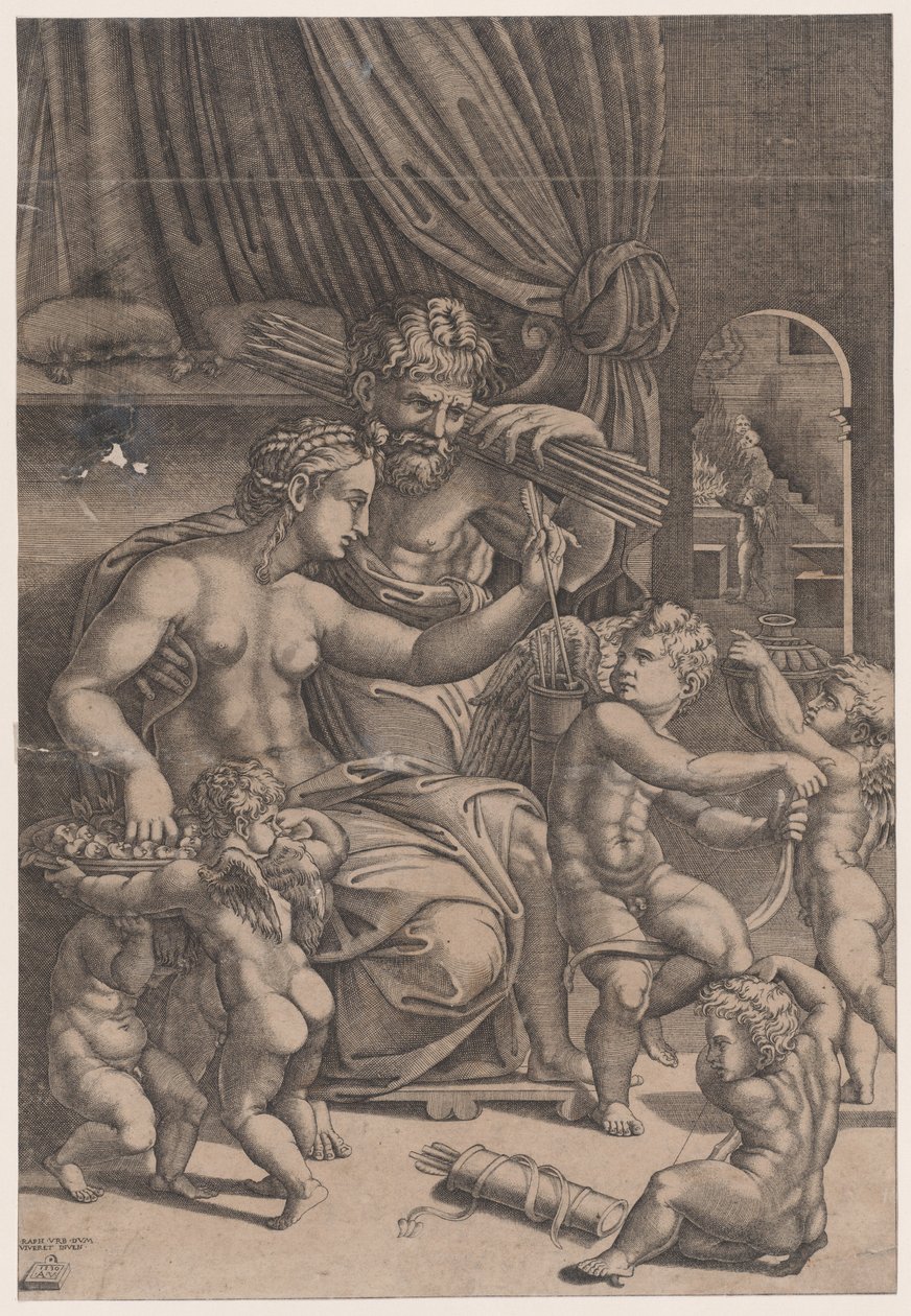 Venus ja Vulkaani Cupidien ympäröimänä, päivätty 1530. tekijältä Agostino Veneziano