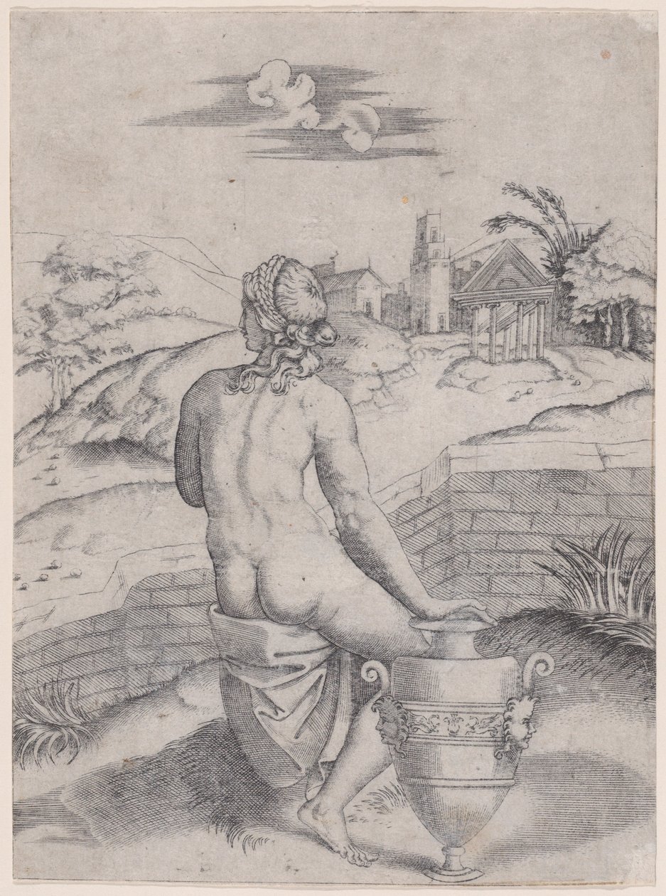 Nainen istuu lähellä maljakkoa, n. 1514-36. tekijältä Agostino Veneziano