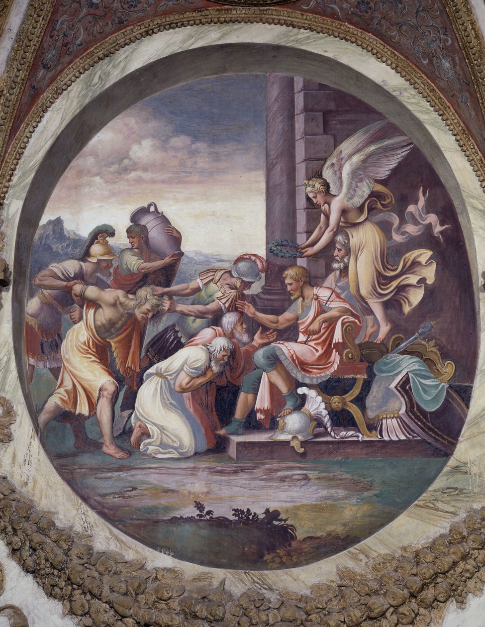 Vesimiehen merkki (Kotkan tähtikuvio): voiton, sodan suurten hyveiden näyttämö. Agostino da Mozzanegan (toiminut vuosina 1527-1539) fresko 1528. Tuulten sali (tai eläinradan sali) Palazzo del Te, Mantova (Mantova). tekijältä Agostino da Mozzanega