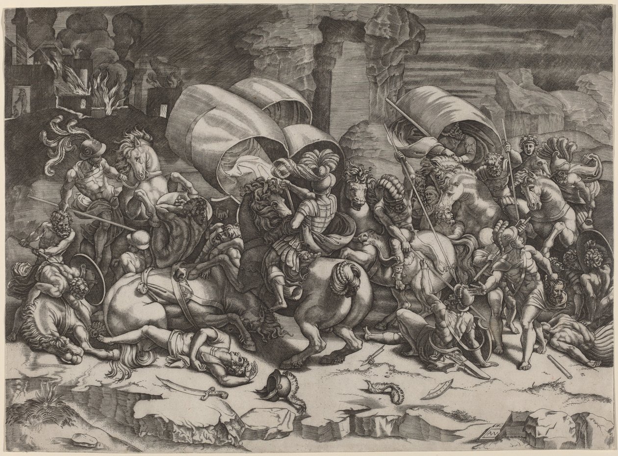 Taistelu Cutlassin kanssa tekijältä Agostino dei Musi, after Giulio Romano