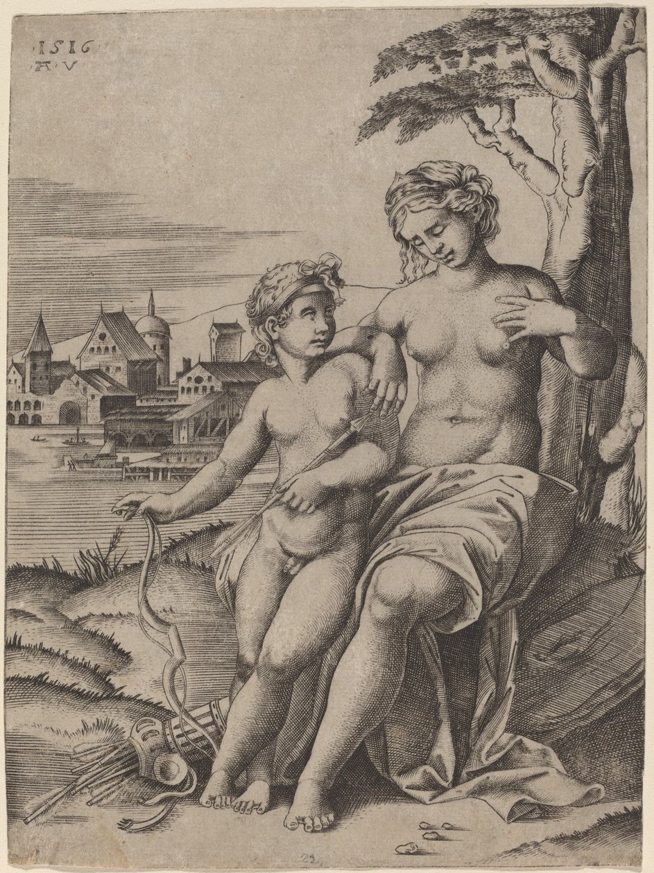 Venus ja Cupid tekijältä Agostino dei Musi after Raphael