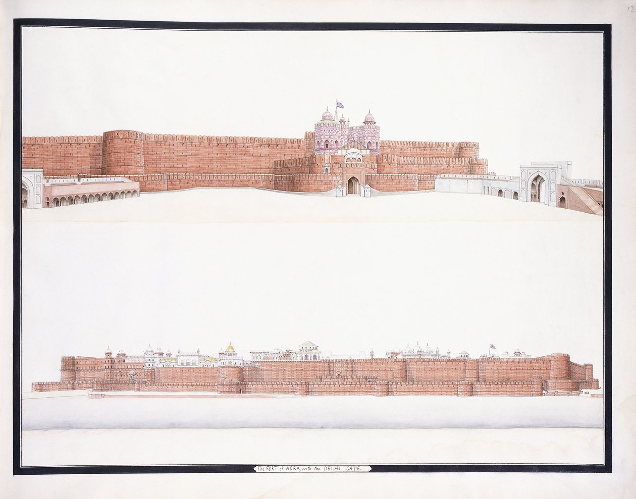 Agran linnoitus, jossa on Delhin portti, n. 1815 tekijältä Agra School