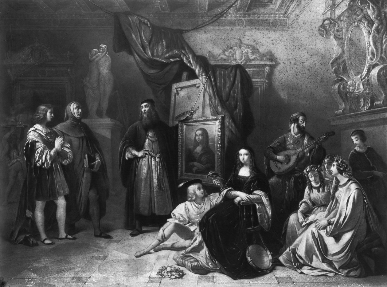 Leonardo da Vinci (1452-1519) maalasi Giocondan, kaivertanut Lemoine, 1845 tekijältä Aimee Brune