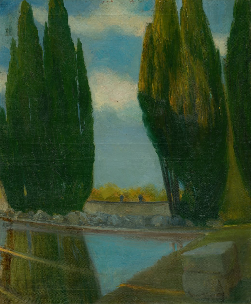 Maisema järven kanssa, n. 1890-1898 (öljy kankaalle) tekijältä Akos Aranyossy