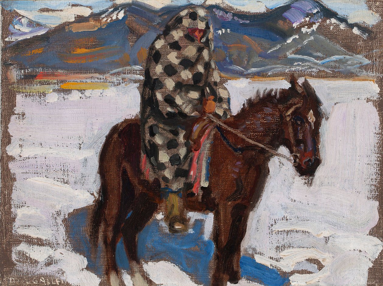 Lumessa ratsastava intiaani tekijältä Akseli Gallen-Kallela