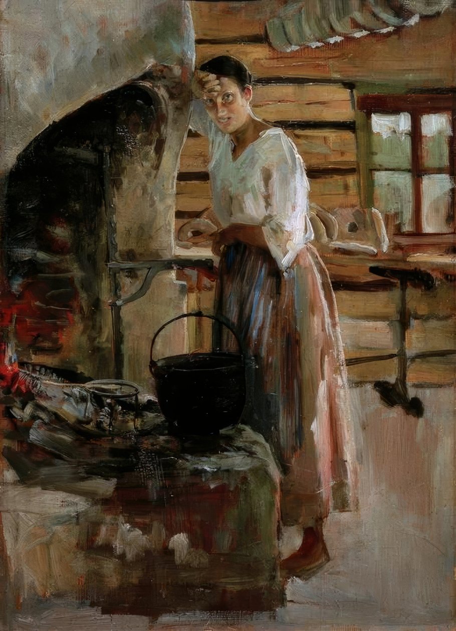 Nainen ruoanlaitto vendace tekijältä Akseli Valdemar Gallen Kallela