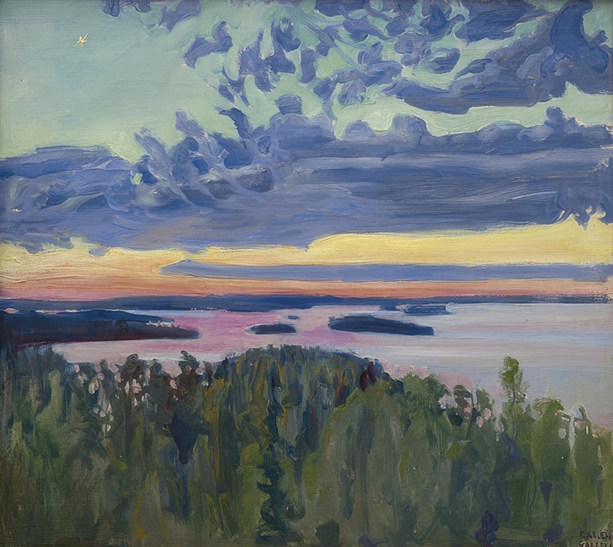 Auringonlasku järven yli tekijältä Akseli Valdemar Gallen Kallela