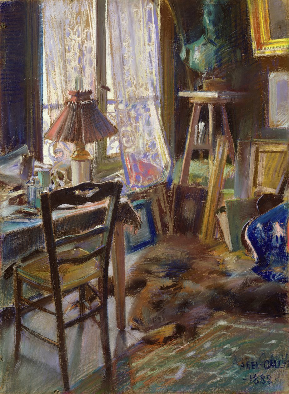Comte Deheaulme de Vallombreusen studio, 36 Rue Jouffrey, Pariisi 1888 (pastelli) tekijältä Akseli Valdemar Gallen Kallela