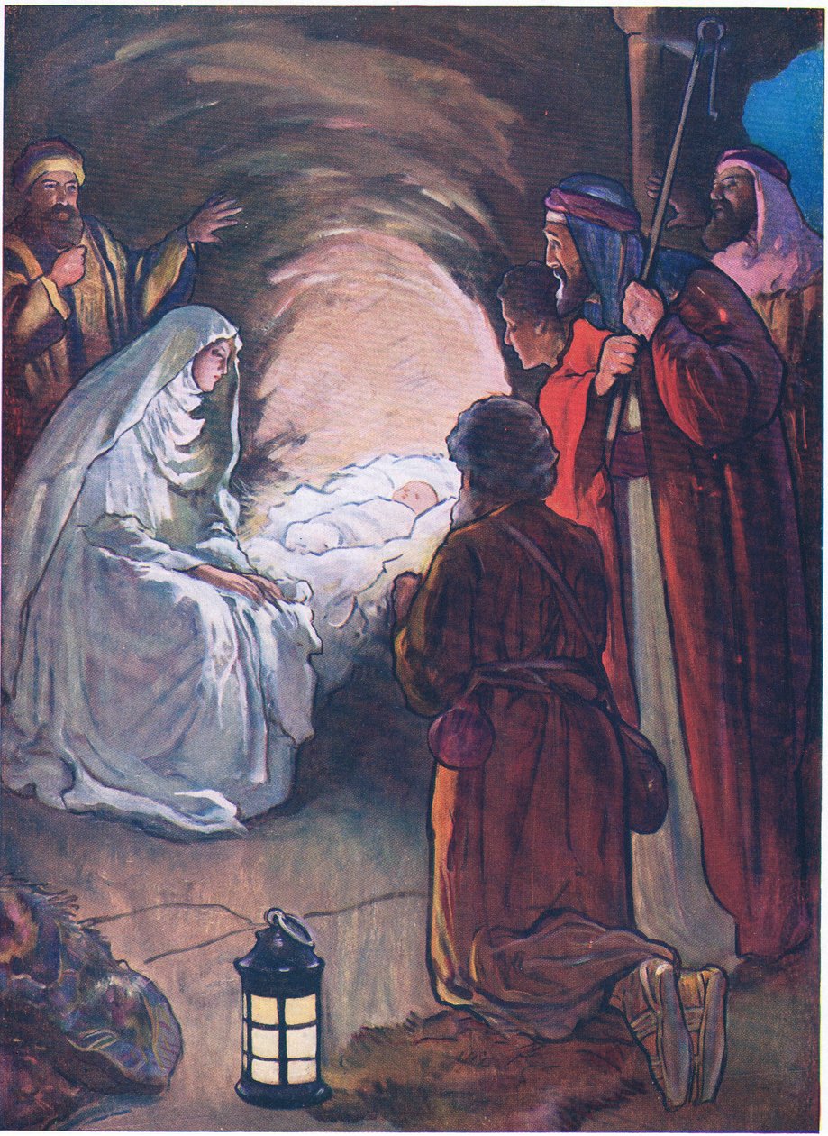 Jeesus-lapsi ja paimenet, Thomas Nelsonin julkaisemasta Raamatun kuvakirjasta, n. 1950 (väriliitoskuva). tekijältä Alan & Stokes George Vernon (1873 1954) Wright