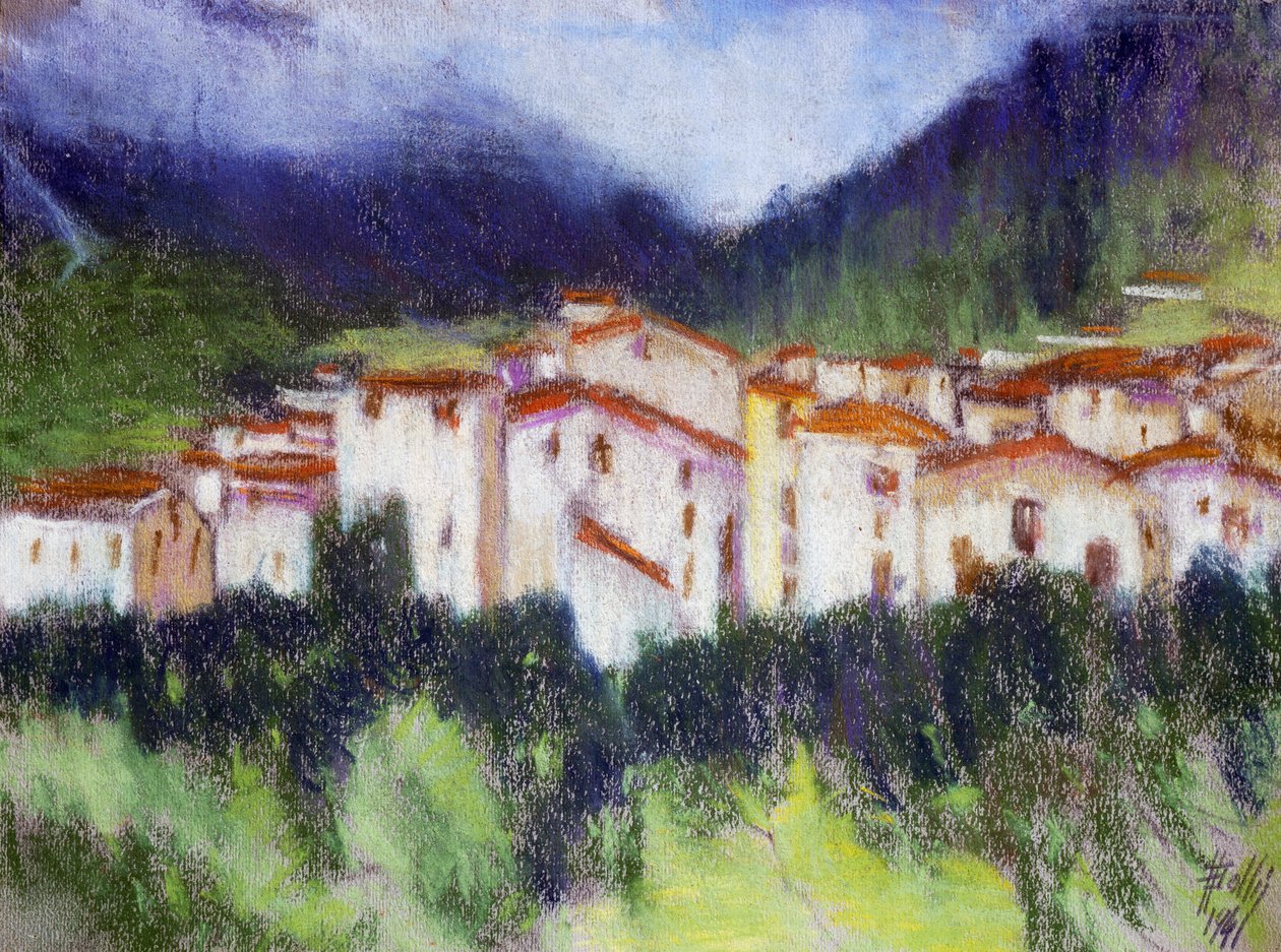 Alpine maisema, Alberico Balbi Valier (n. 1869-1910), pastelli paperille, 24x32 cm. Italia tekijältä Alberico Balbi Valier