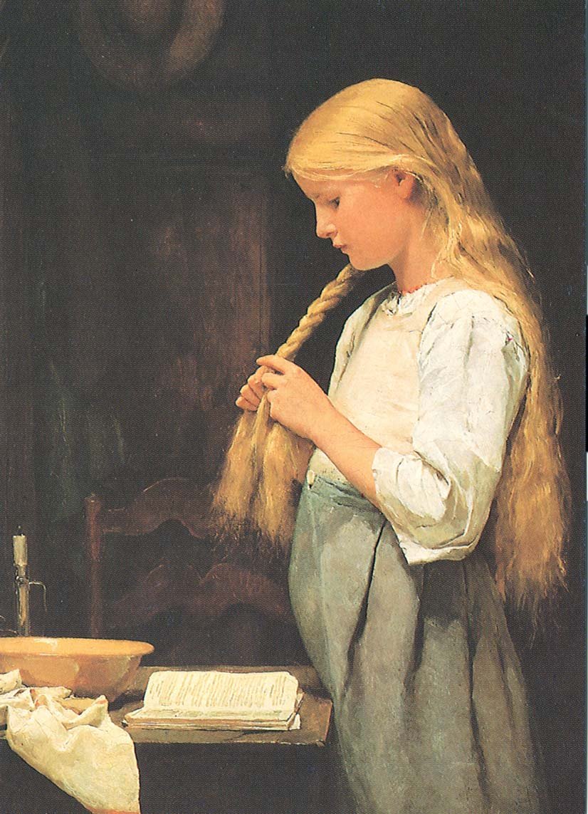 Mädchen, die Haare flechtend tekijältä Albert Anker