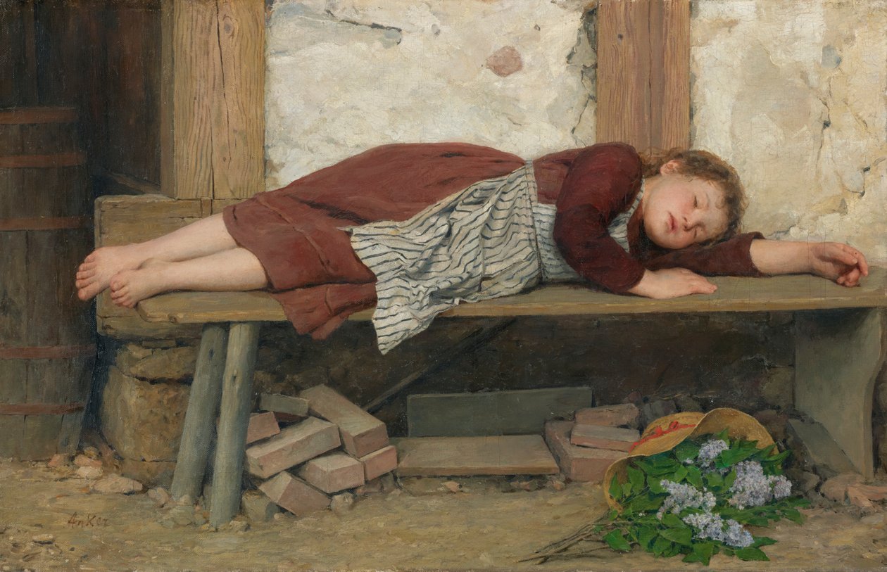 Schlafendes Mädchen auf einer Holzbank tekijältä Albert Anker