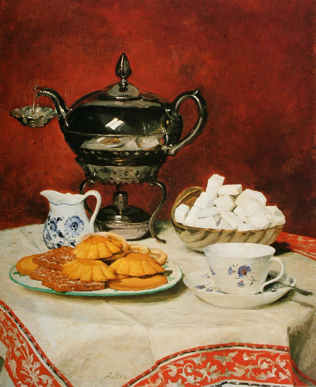 Stilleben Tee und Schmelzbrötchen tekijältä Albert Anker