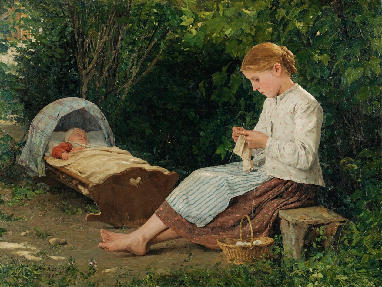 Strickendes Mädchen, Kleinkind in der Wiege hütend tekijältä Albert Anker