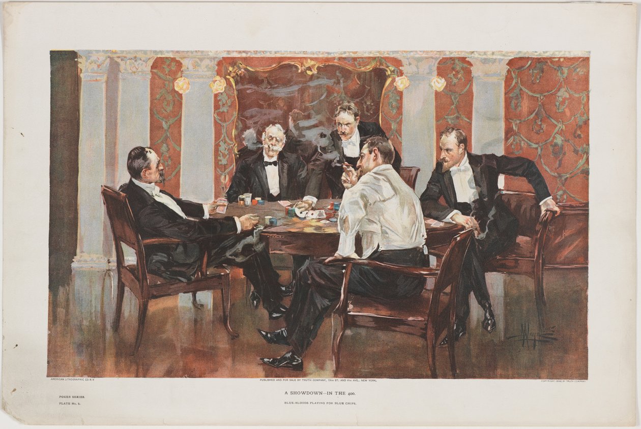 A Showdown - 400:ssa. Blue-Bloods Playing for Blue Chips, levy 6 pokerisarjasta, pubi. The Truth Company, New York, 1895 tekijältä Albert Beck Wenzell