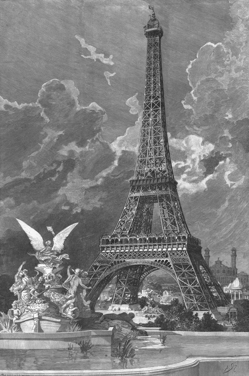 Eiffel-torni (1887-89) Maailmanlaajuinen näyttely 1889 Pariisissa, 1888, kaiverrus Andre Slom tai Slomszynski (k.1909) tekijältä Albert Bellenger