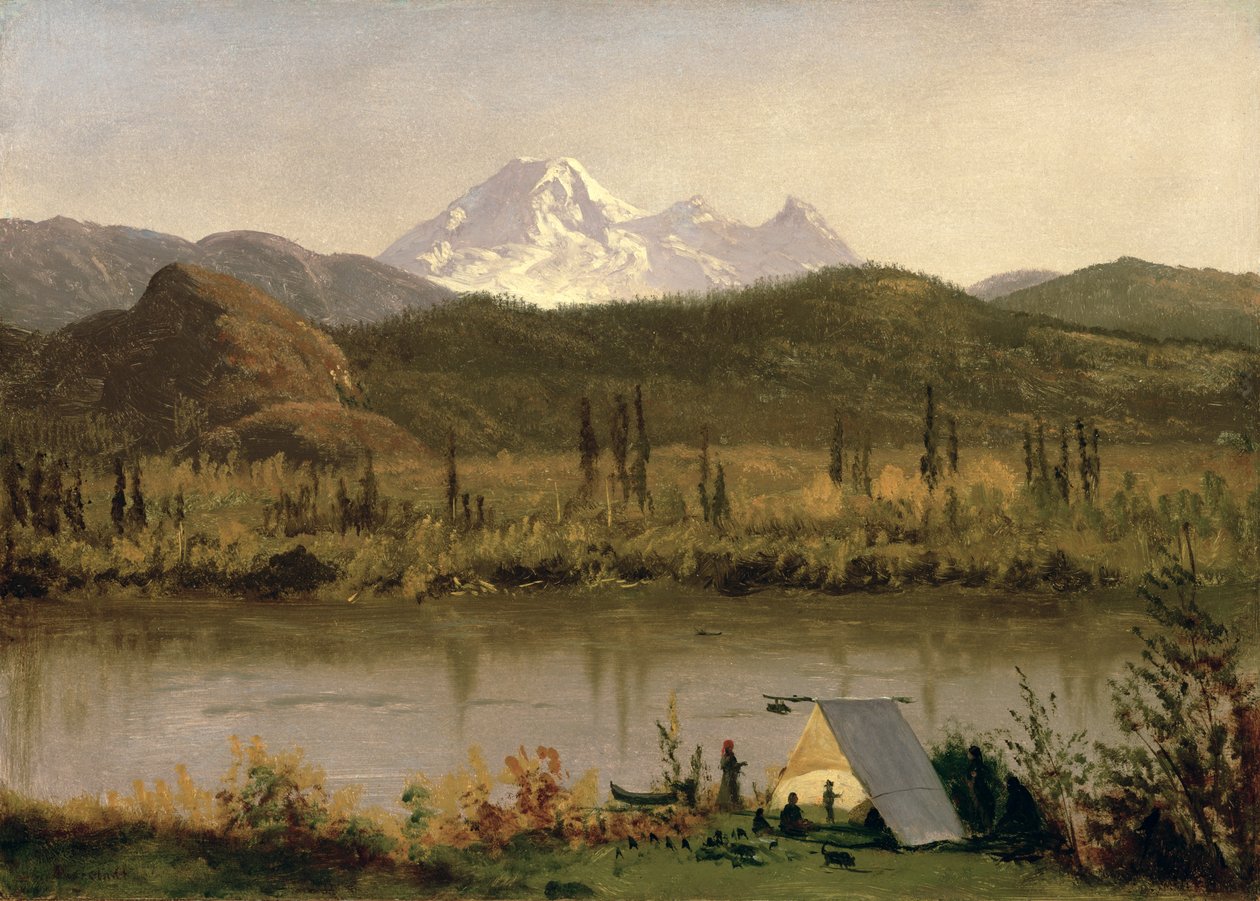 Mount Baker, Washington, Frazier-joelta, n. 1889 (öljy paperille kankaalle) tekijältä Albert Bierstadt