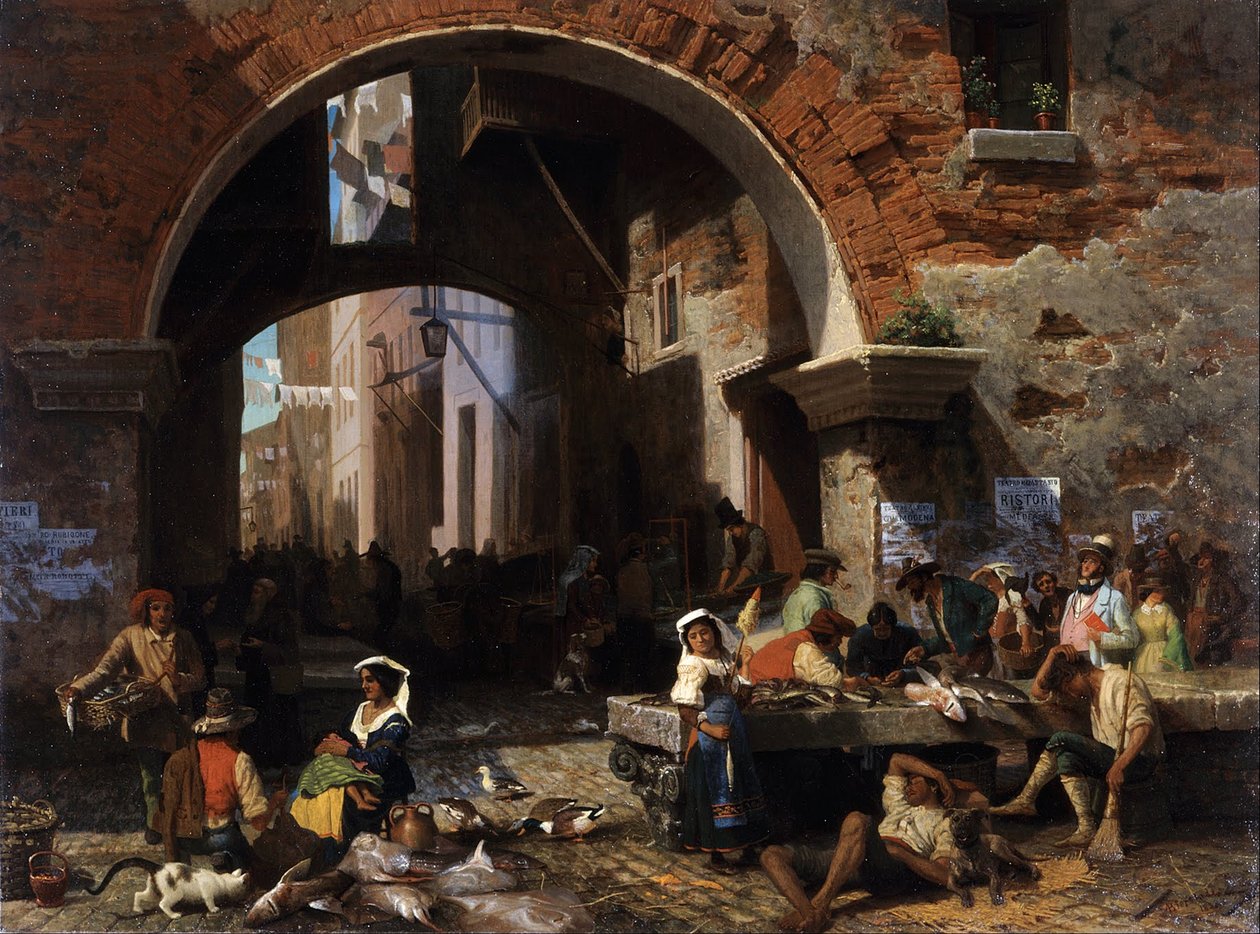 Rooman kalamarkkinat. Octaviuksen kaari tekijältä Albert Bierstadt