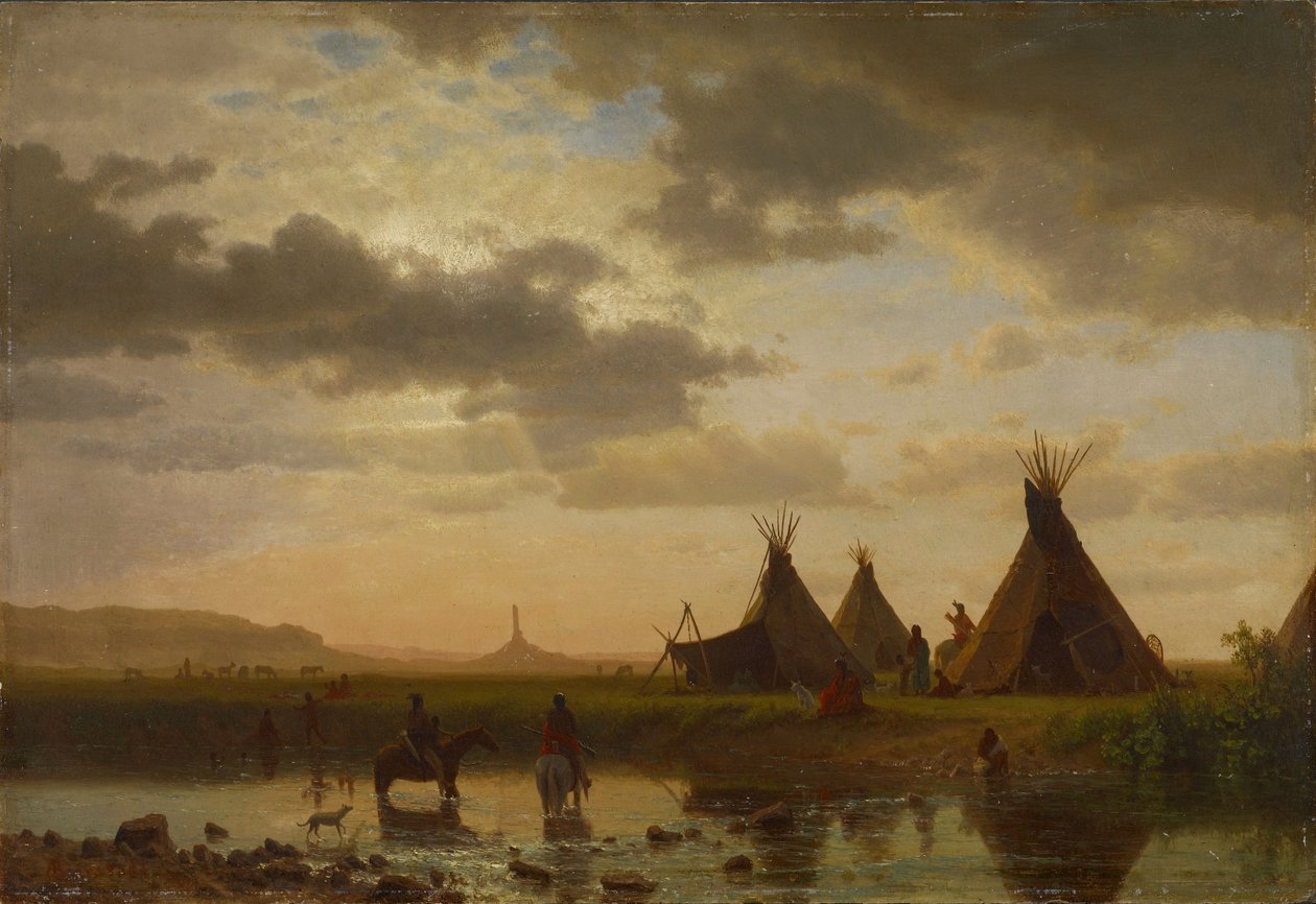 Näkymä Chimney Rock, Ohalilah Sioux Village etualalla tekijältä Albert Bierstadt